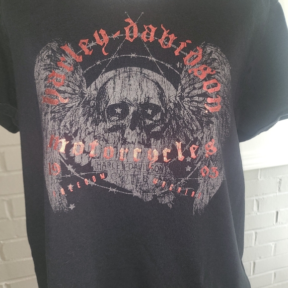 Womens Gently Used Size Large Harley-Davidson Black Tee with Skull Design - Picture 3 of 7